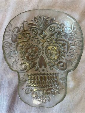 Sugar Skull Art Dish Silver Decorative Glass Serveware